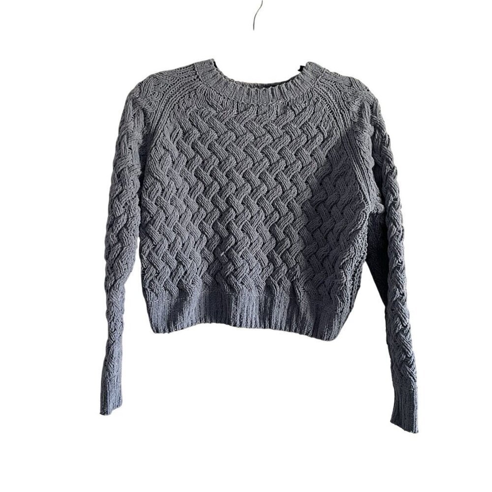Kendall + Kylie Women S Blue Chenille Basketweave Knit Pullover Cropped Sweater